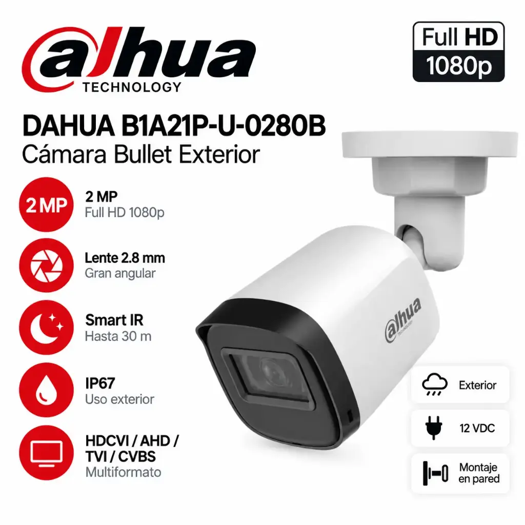 Cámara de Seguridad Dahua Bullet 2MP Full HD 1080p 2.8mm Exterior – B1A21P-U-0280B