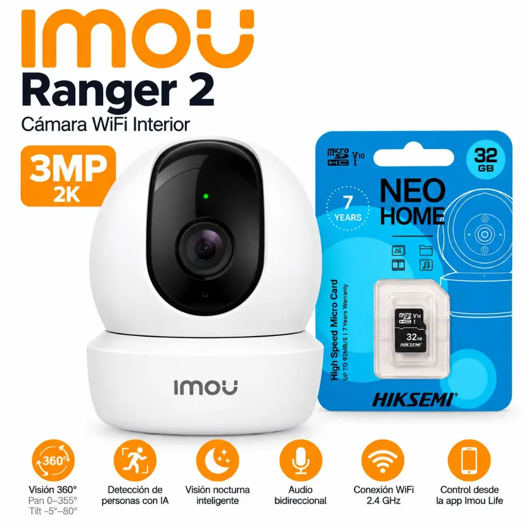Kit Cámara WiFi Imou Ranger 2 3MP 360° + Memoria MicroSD Hiksemi 32GB