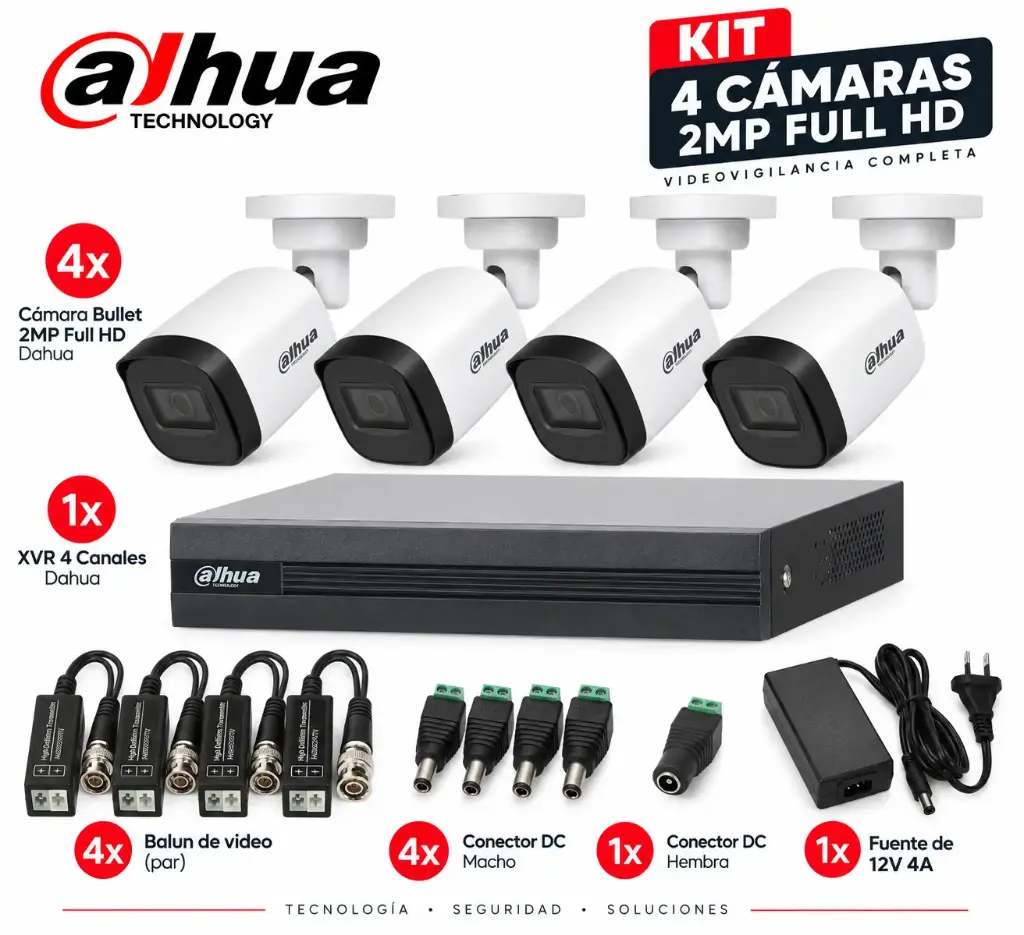 Kit Dahua 4 - Cámaras 2MP Full HD Metálicas + XVR 4 Canales + Accesorios de Instalación