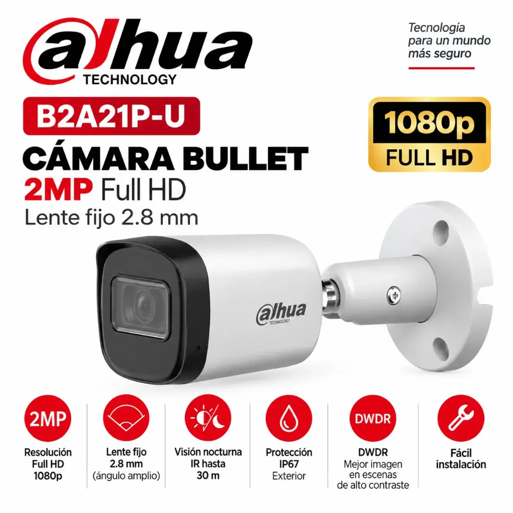Cámara Dahua Metálica B2A21P-U 2MP Full HD 1080p 2.8mm Bullet Exterior