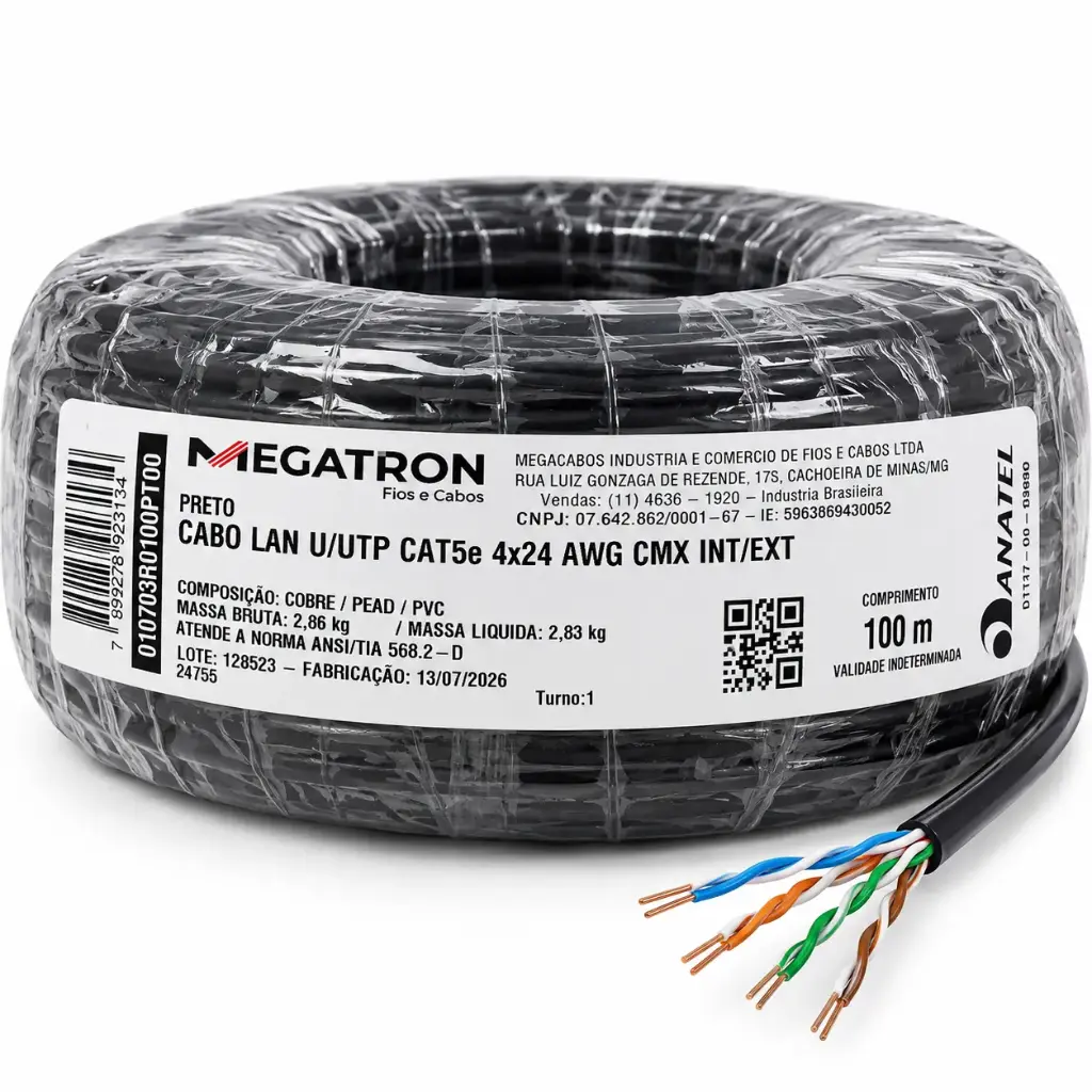 Cable de Red PURO COBRE - Megatron U/UTP Cat5e 24 AWG 100 Metros Interior/Exterior