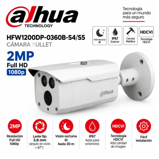 [1895] Cámara Dahua Bullet HFW1200DP 2MP Full HD 1080p 3.6mm Visión Nocturna Exterior
