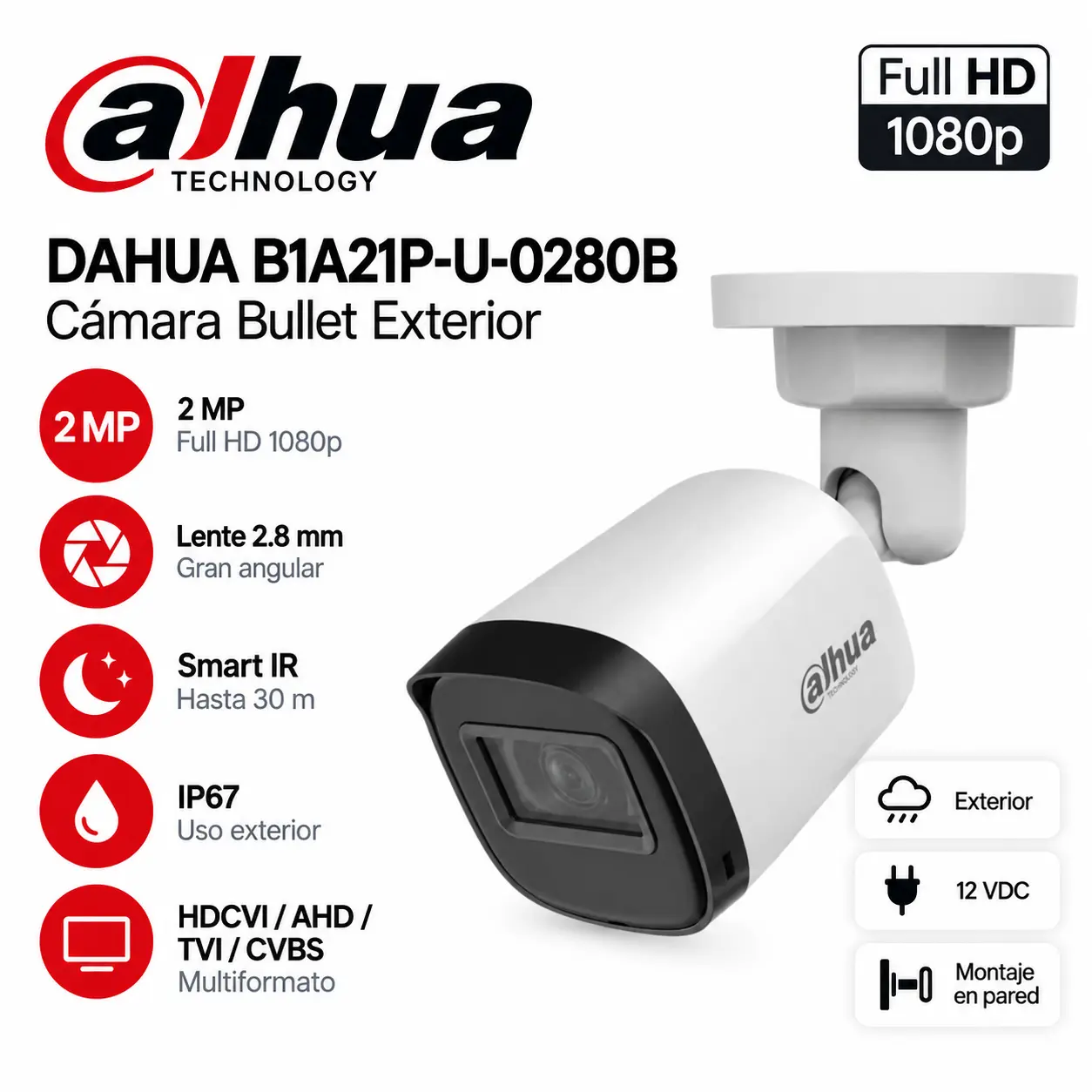 Cámara de Seguridad Dahua Bullet 2MP Full HD 1080p 2.8mm Exterior – B1A21P-U-0280B