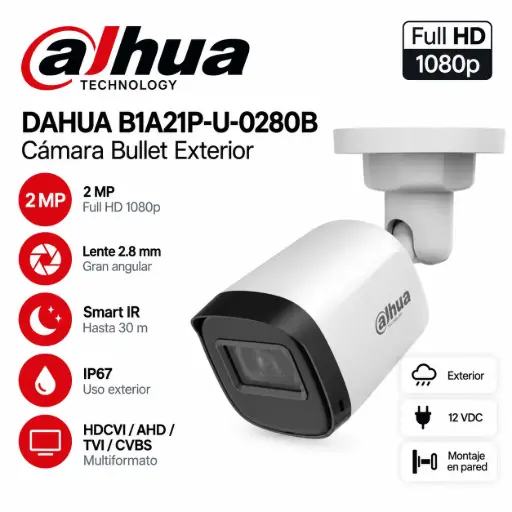 [2703] Cámara de Seguridad Dahua Bullet 2MP Full HD 1080p 2.8mm Exterior – B1A21P-U-0280B