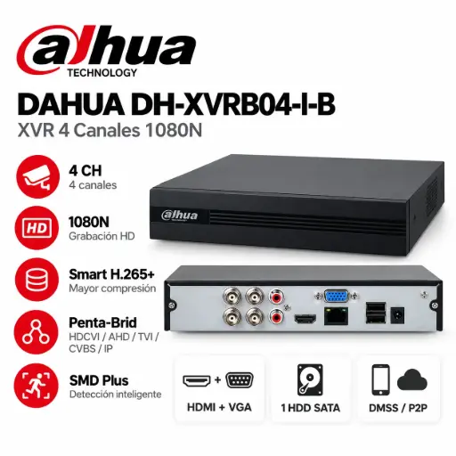 [991] DVR XVR Dahua 4 Canales 1080N H.265+ Penta-Brid SMD Plus – DH-XVRB04-I-B
