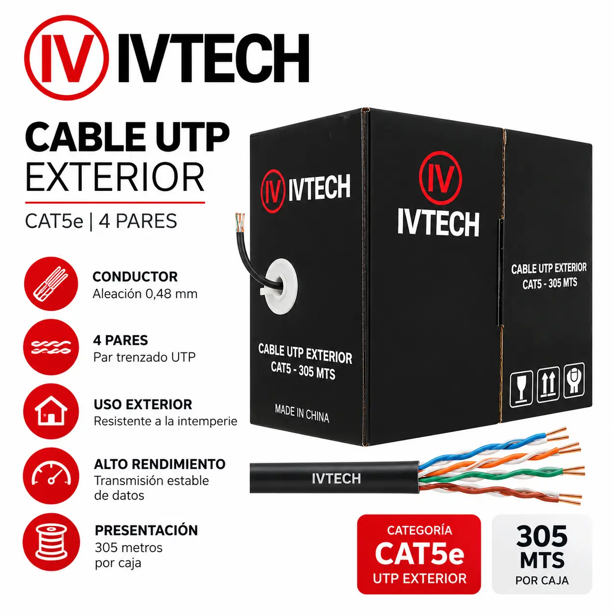 Cable UTP IVTECH 305 Metros | Aleación 0,48 mm | Cat 5e | Ideal CCTV y Redes