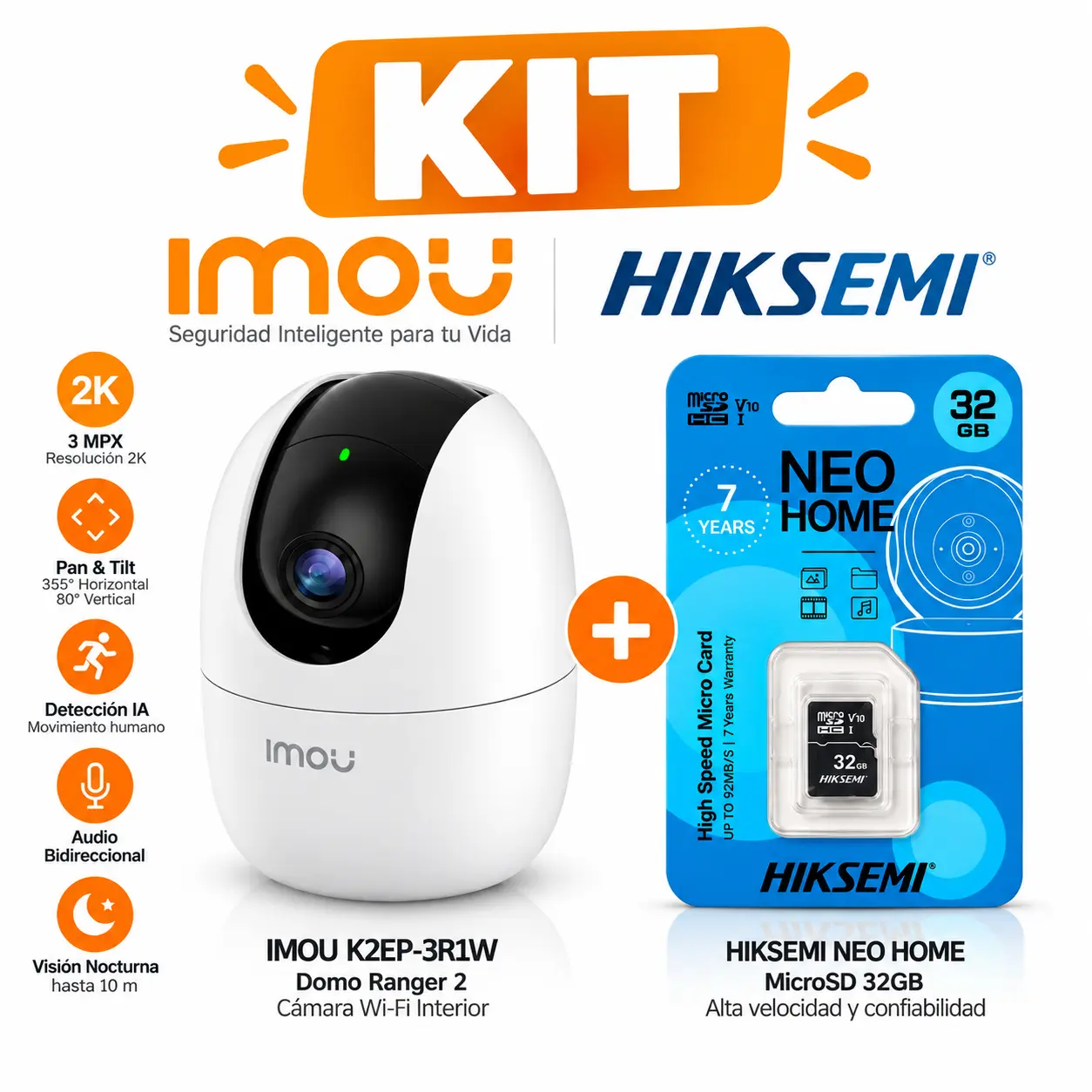 Cámara IMOU Ranger 2 3MP WiFi Interior + MicroSD HIKSEMI 32GB – Kit Seguridad