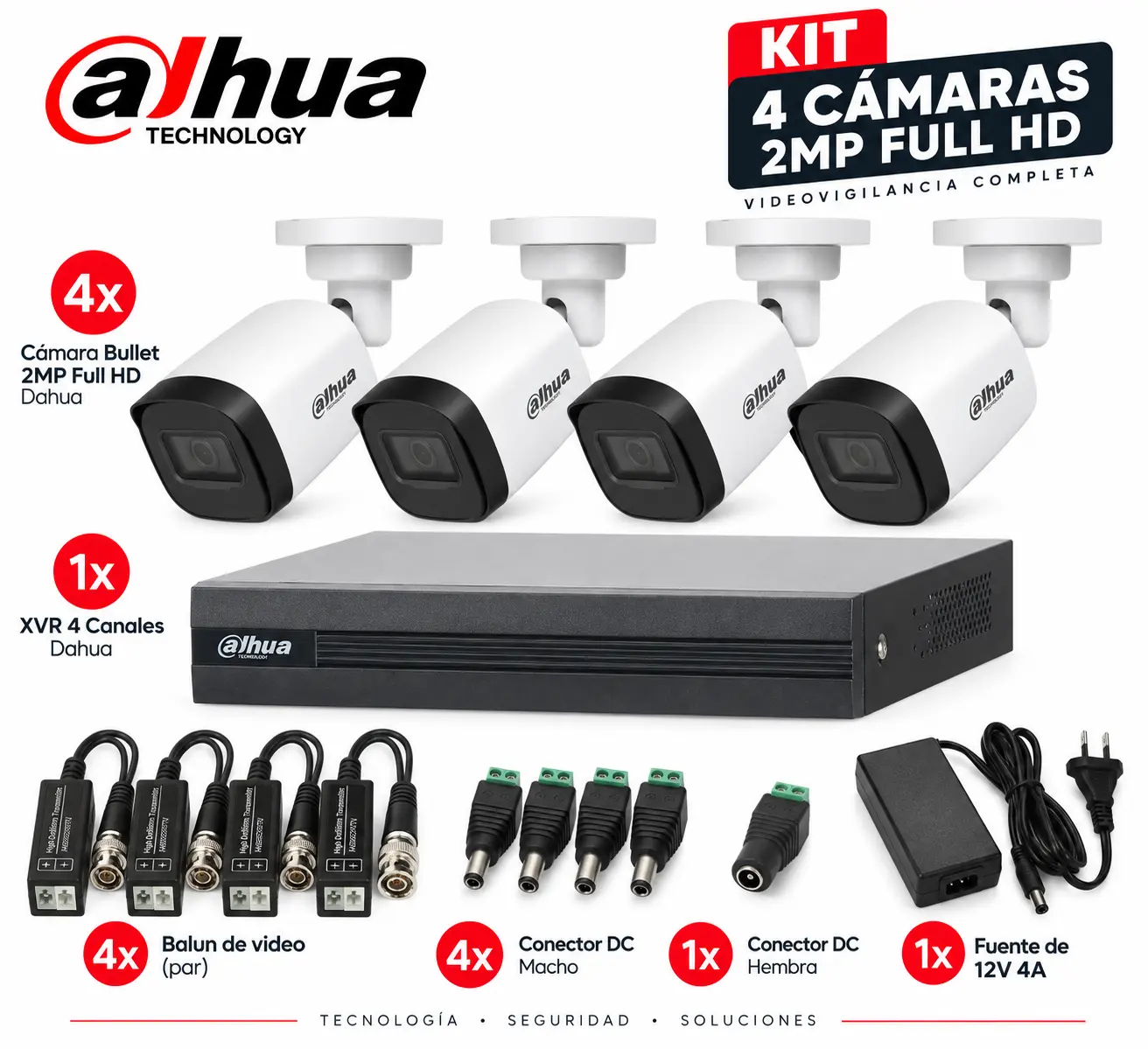 Kit Dahua 4 - Cámaras 2MP Full HD Metálicas + XVR 4 Canales + Accesorios de Instalación